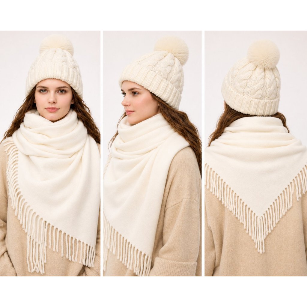 Conjunto Cachecol + Gorro Feminino Inverno Quente Macio Estilo Europeu Elegante