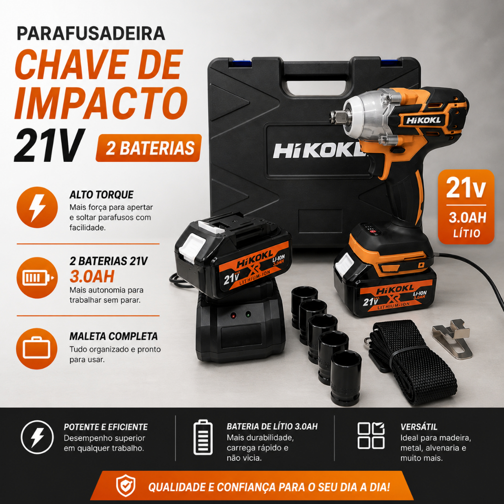 Parafusadeira Furadeira 21v Sem Fio com 2 Baterias Chave De Impacto Soquetes com Maleta Profissional