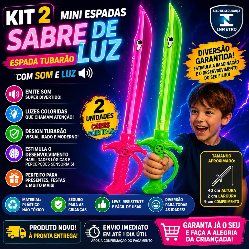 ⚔️✨ Kit 2 Mini Espadas Sabre de Luz Tubarão com Som e Luz – Diversão Garantida para a Criançada! ✨🦈