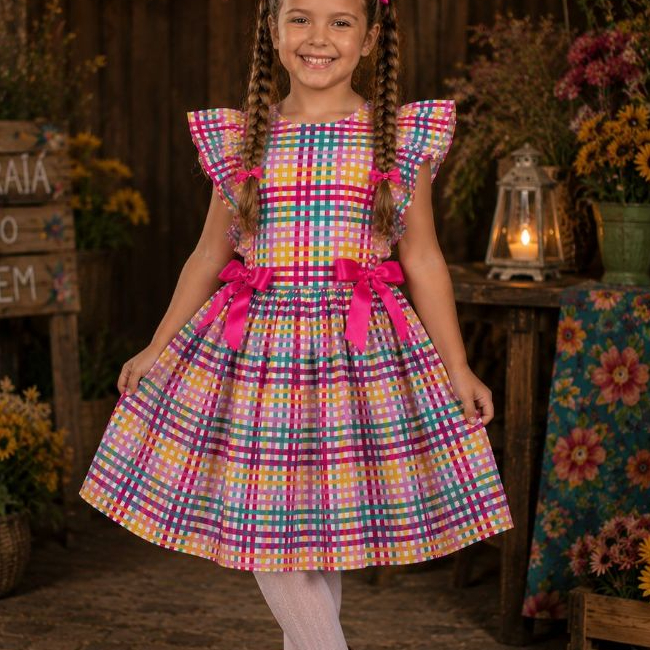 Vestido Infantil Menina Xadrez Luxo Para Festas Juninas Quadrilhas Disponível Em 2 Cores