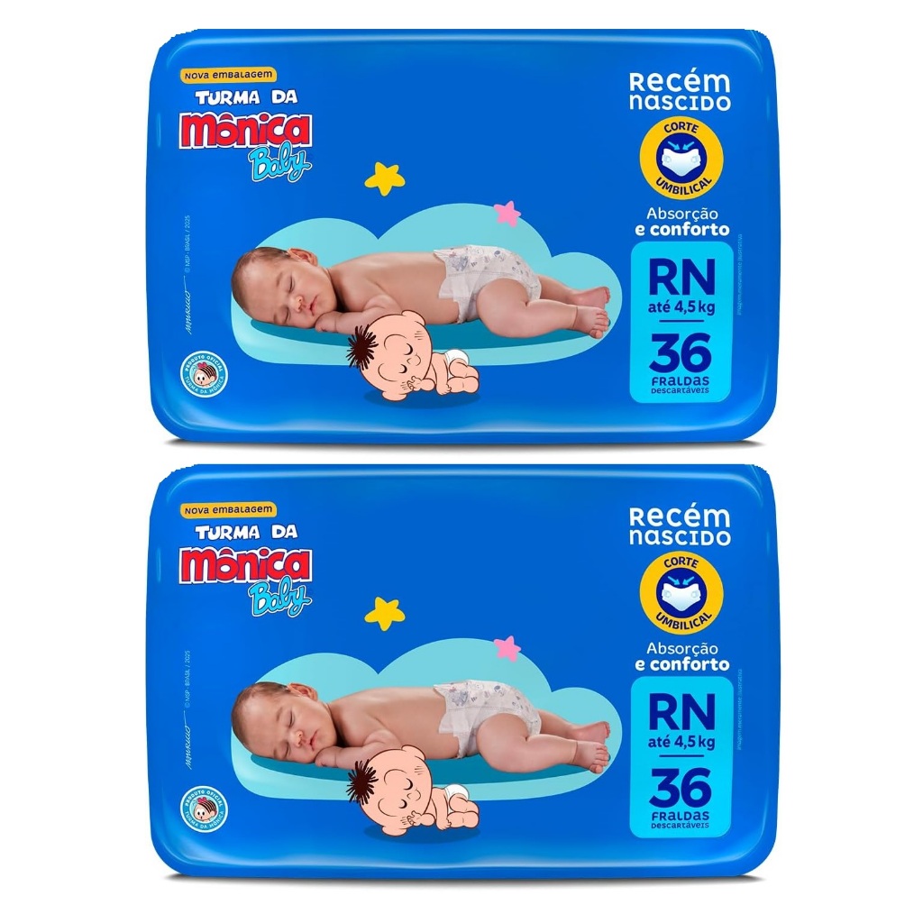 Kit 2ptes Fralda RN Turma da Mônica 36un cada - Total 72unidades
