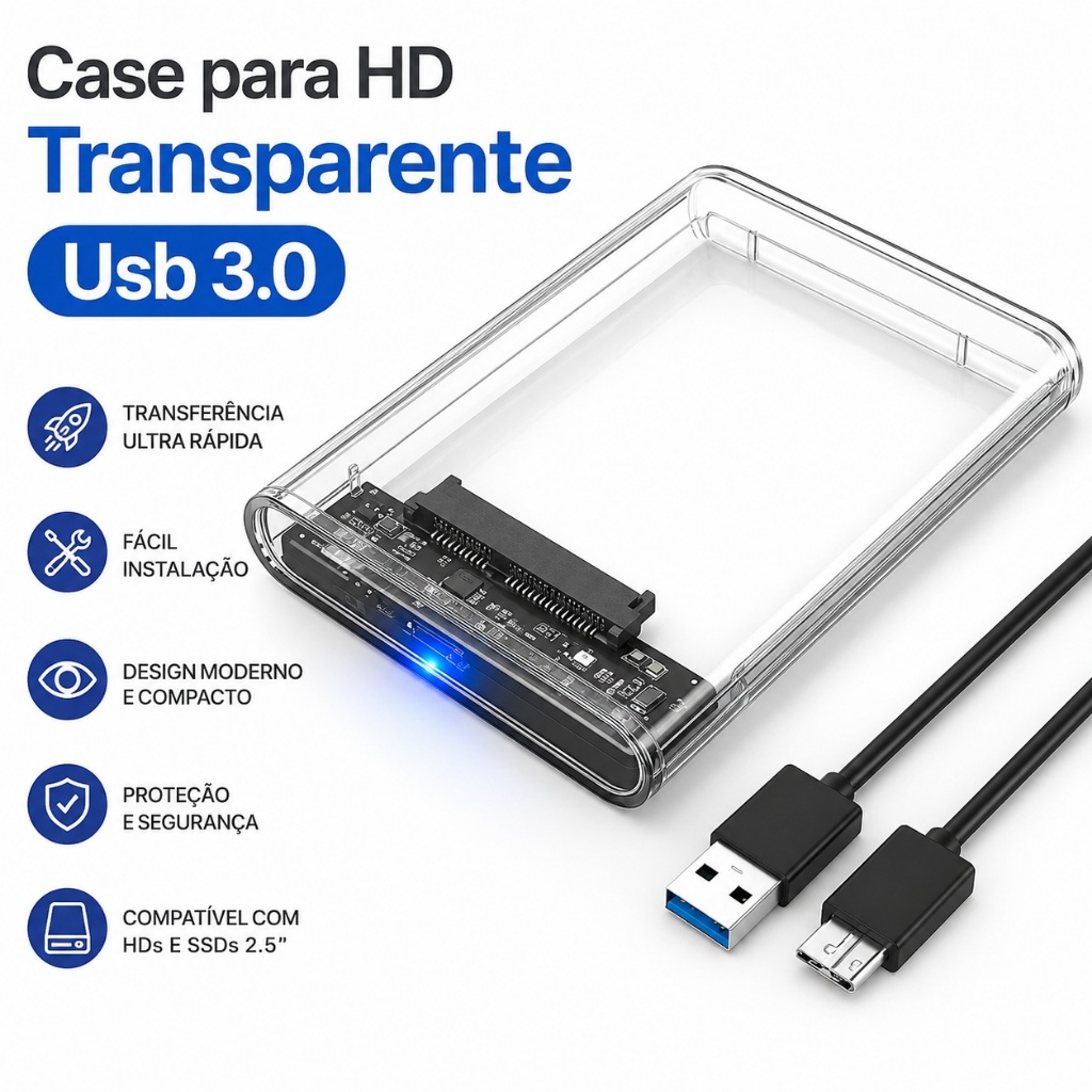 Case para HD transparente, Usb 3.0, transmissão 6gbps, Sata 2.5", Hhd ou Ssd, Ecase-300