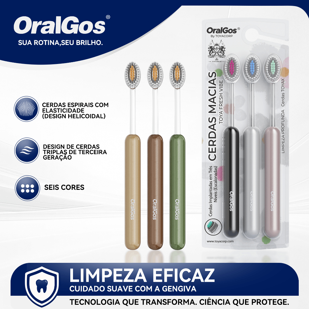 OralGos Escova Dental Azeitona,Cerdas Espirais Elásticas, Limpeza por Anéis Concêntricos