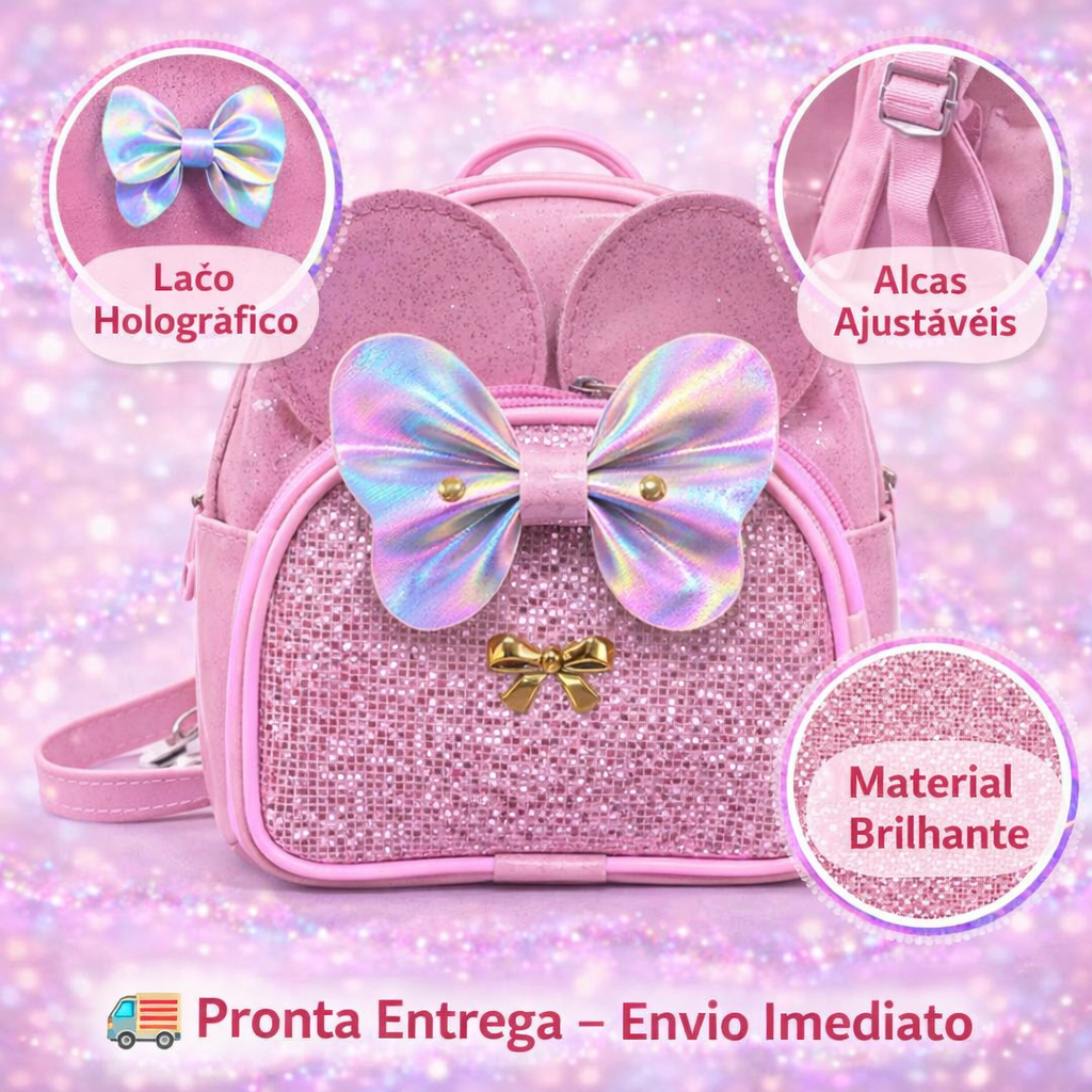 Mini Mochila Infantil Rosa com Laço e Glitter – Mochila Feminina para Menina