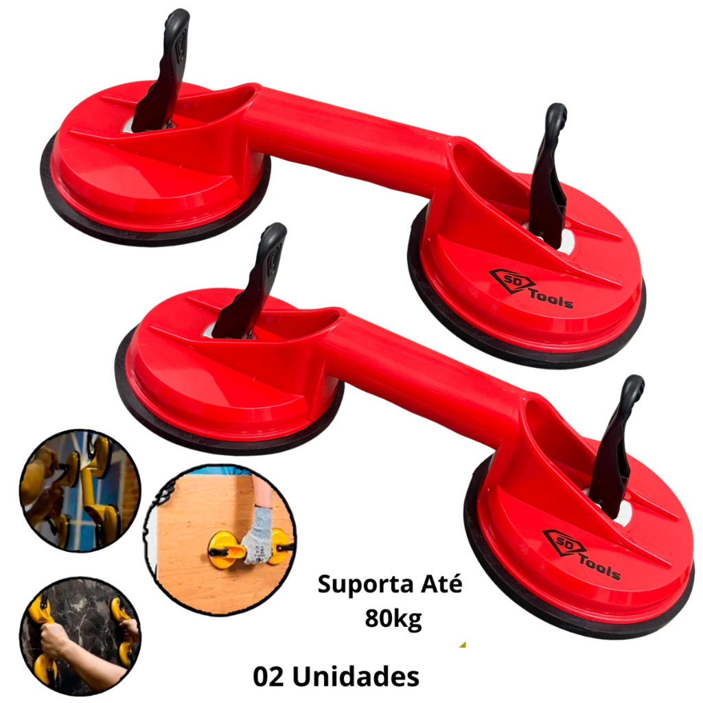 Kit Ventosa Dupla Profissional Suporta 80kg Vidros, Porcelanatos, Espelhos, Granito