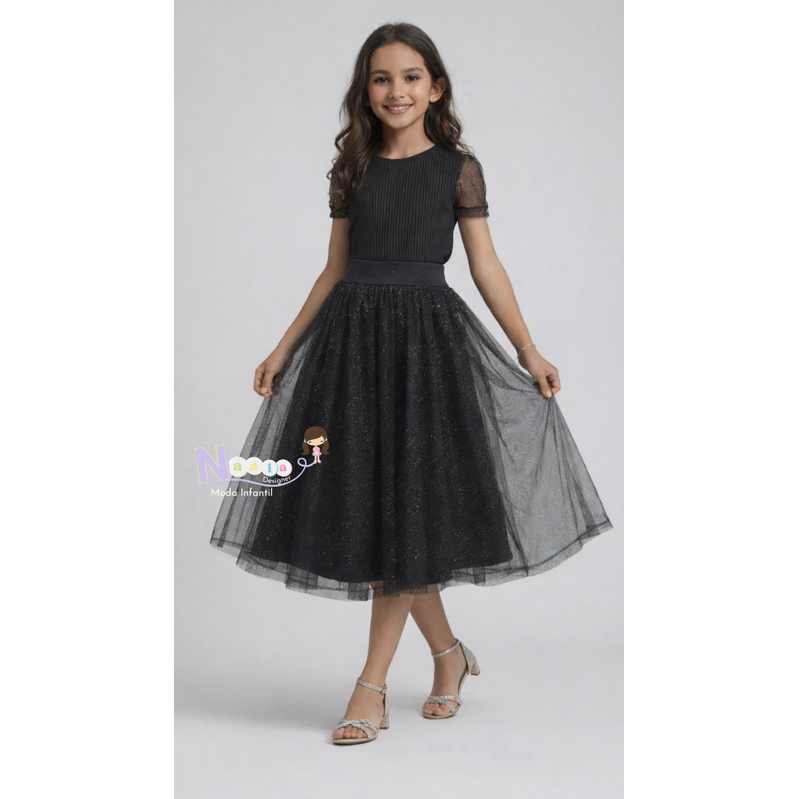 Saia Infantil Preta de Tule com Glitter – Moda Evangélica – 6 a 14 Anos
