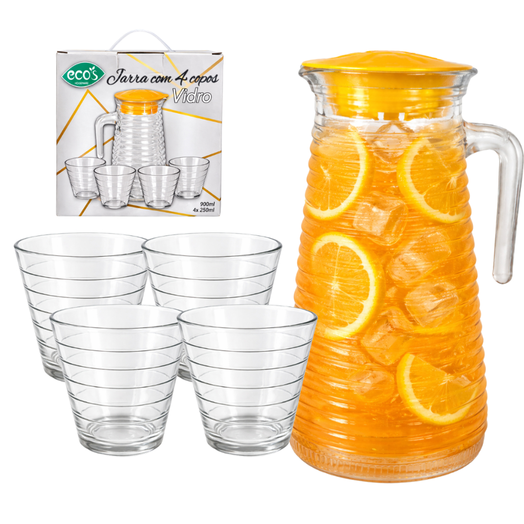 Jogo de Jarra 900ml com Copos 250ml Vidro Texturizado Kit 5 Peças