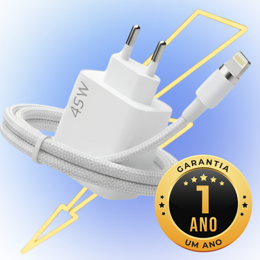 Carregador Turbo 45W USB-C para iPhone Fonte Rápida com Cabo Lightning Original Duplo USB-C Apple