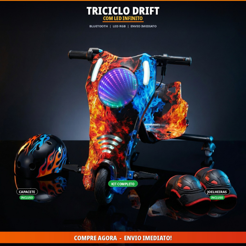 Triciclo Drift Elétrico Com Bluetooth Adulto e Infantil 3 Velocidades 350w Bluetooth Led 8 Polegadas