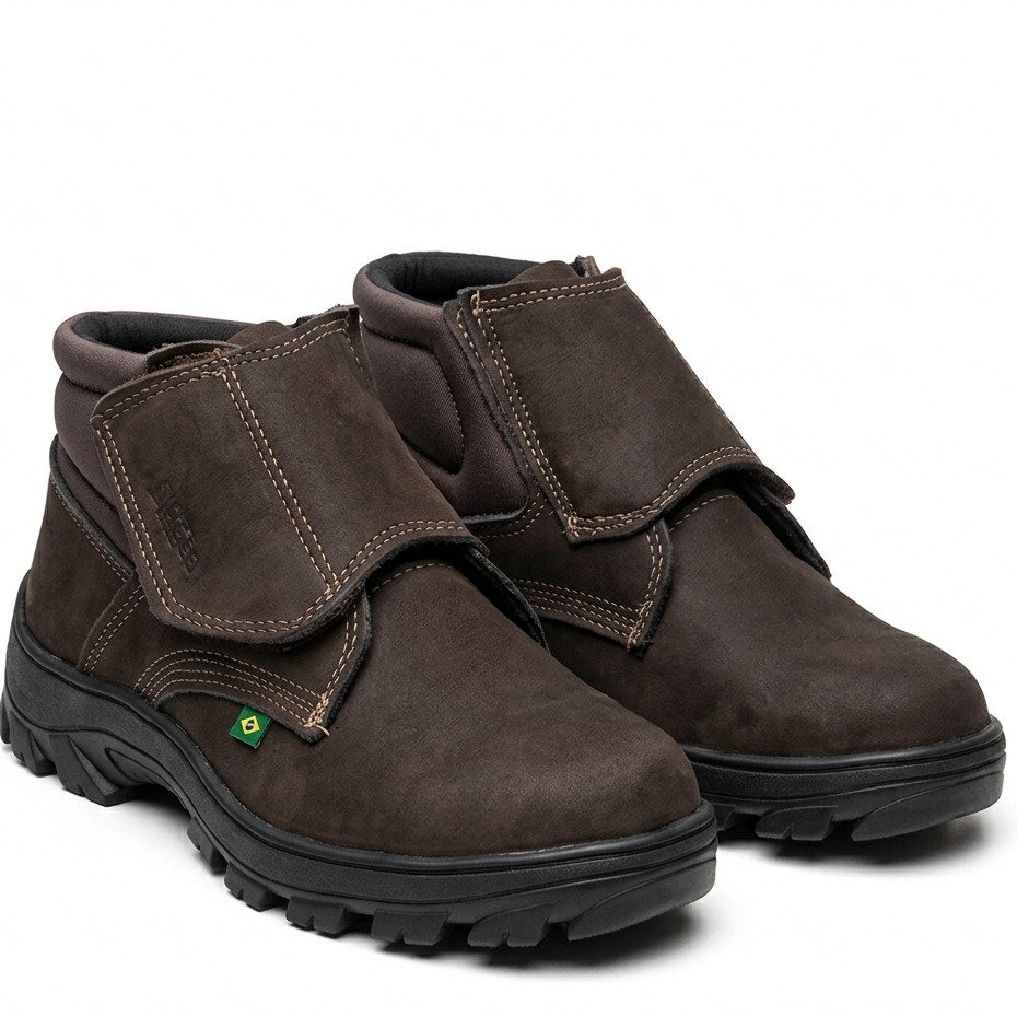 Bota Segurança Velcro Masculina Couro Legítimo Prática Confortável Bico Reforçado Antiderrapante Trabalho