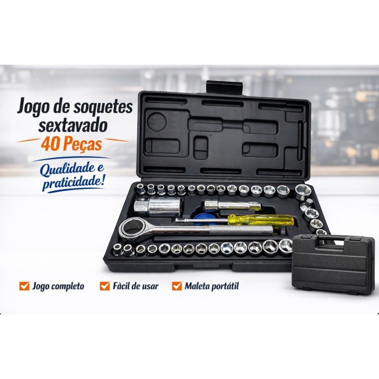 Jogo de soquetes Sextavado 40 Peças - Envio Imediato