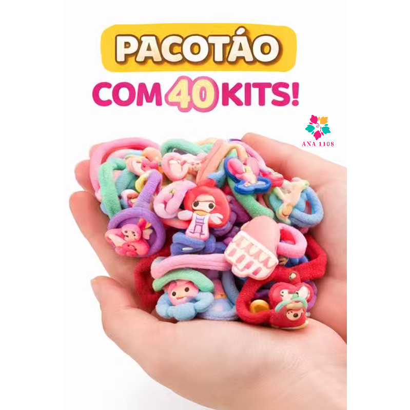 Kit 40 Elásticos Infantil Cabelo Menina Coloridos com Acessórios Presilha