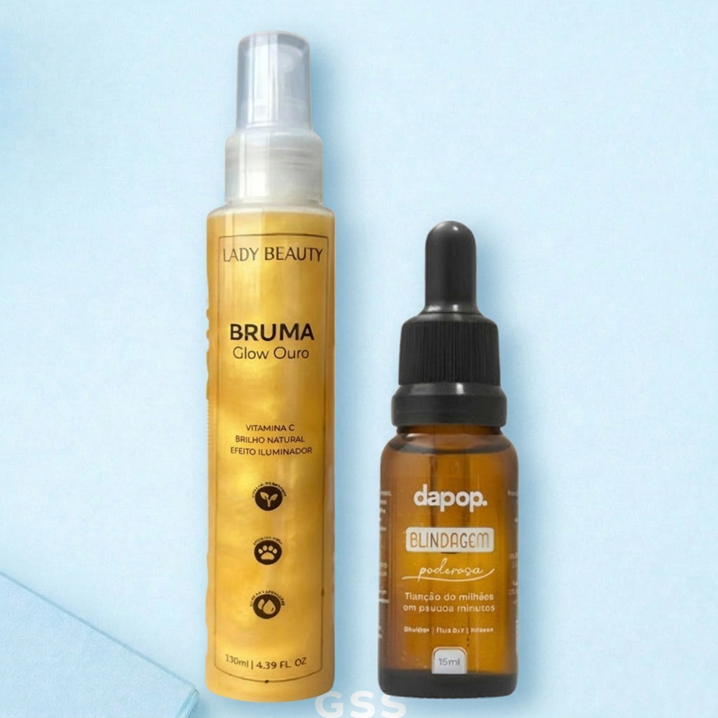 Kit  Bruma Fixadora Glow Ouro 130ml Lady Beauty + Blindagem 3x1 Primer, Diluidor, Fixador 15ml Dapop