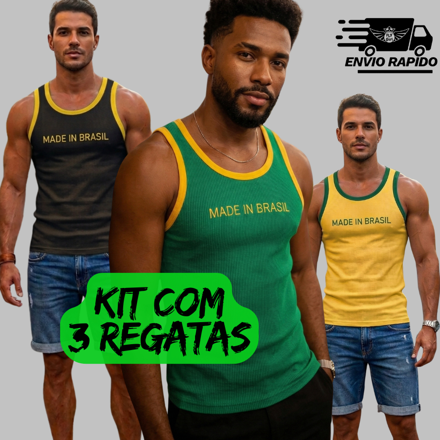 Kit com Regatas Masculina Brasil Core Streetwear Ribana Canelada Academia Treino