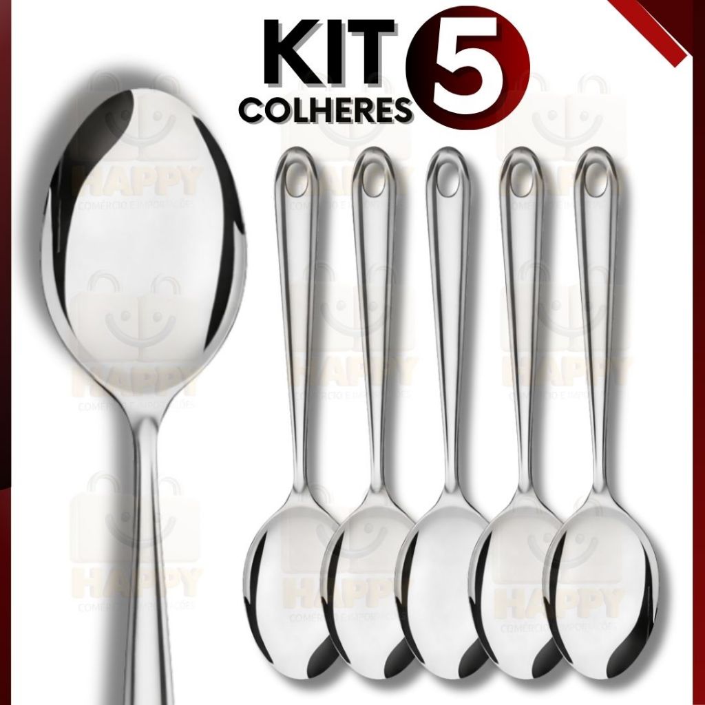 Kit 5 Colher de Arroz Inox 26cm Utensílio de Cozinha Resistente Para Servir Alimentos