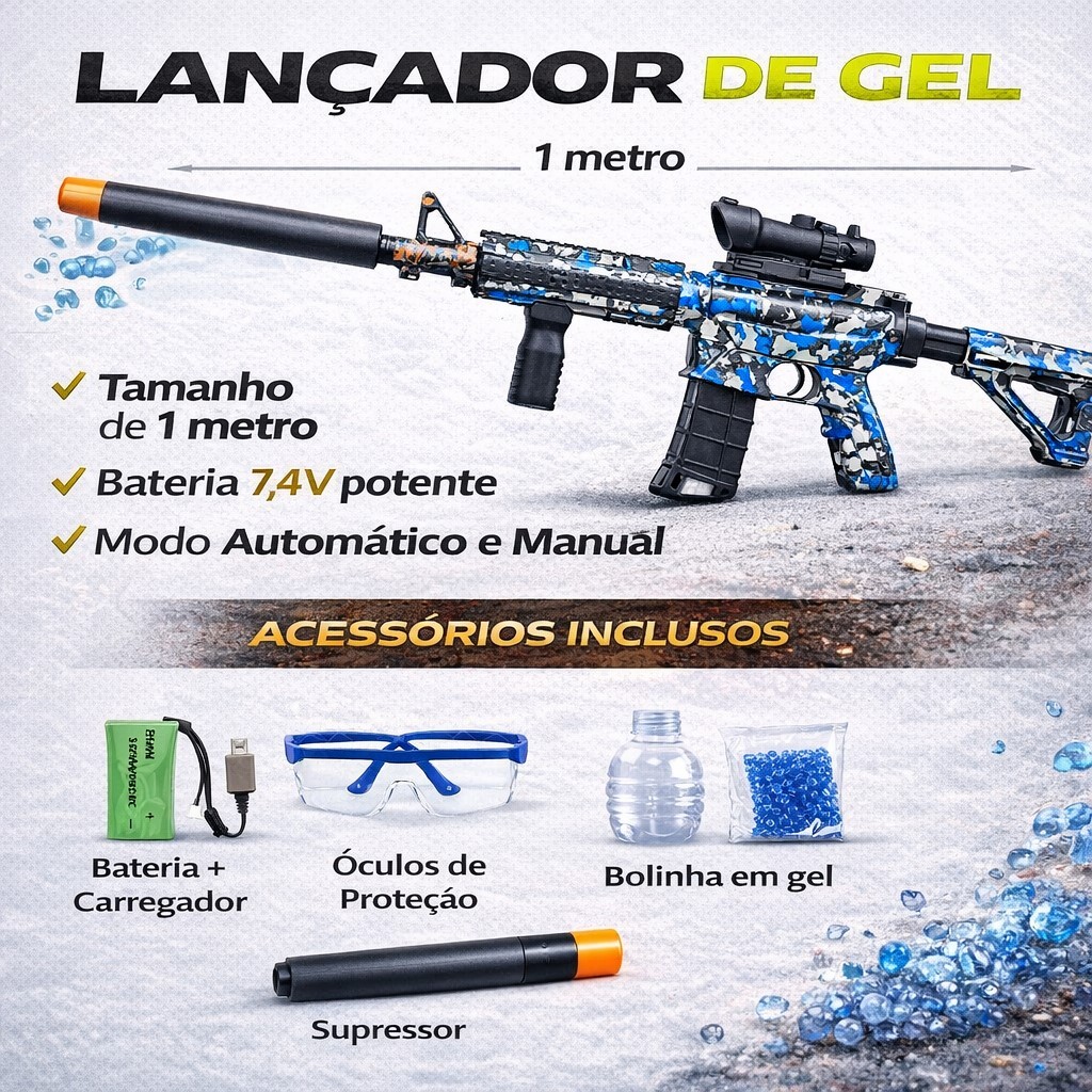 M4A1 1 Metro Lançador de Bolinhas de Gel Elétrico Porte Grande c/ Modos de Disparo Manual e Automático