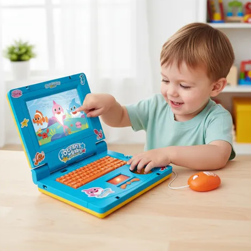 Notebook Brinquedo Laptop Computador Infantil  Fundo Do Mar Musical Luz Azul Menino