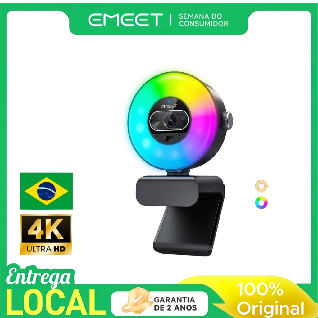 Webcam EMEET S600L 4K com Luz Anel, 4 Modos de Luz e RGB, IA e Autofoco, Botão p/ PC Mac OBS Twitch