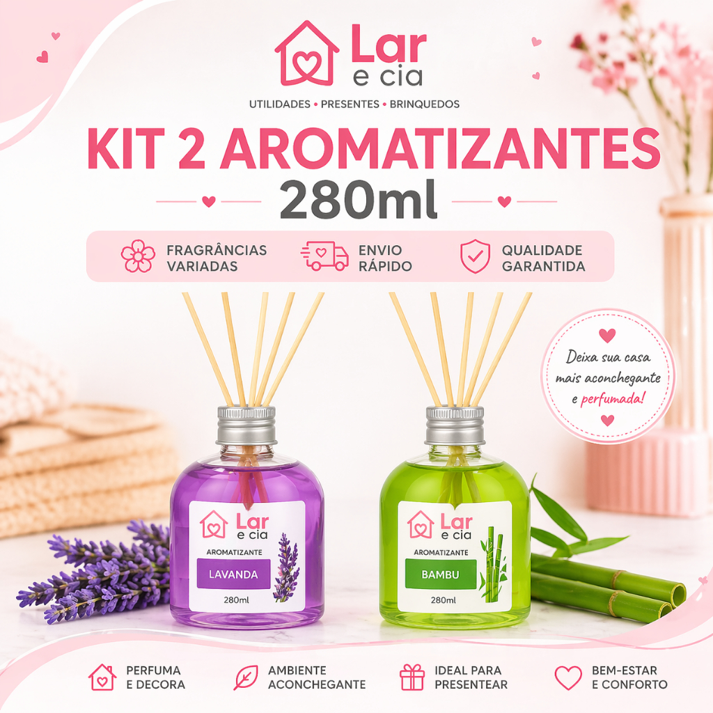 Kit 2 Aromatizantes de Ambiente 280ml com Palitos – Difusor de Aromas para Casa | Várias Fragrâncias