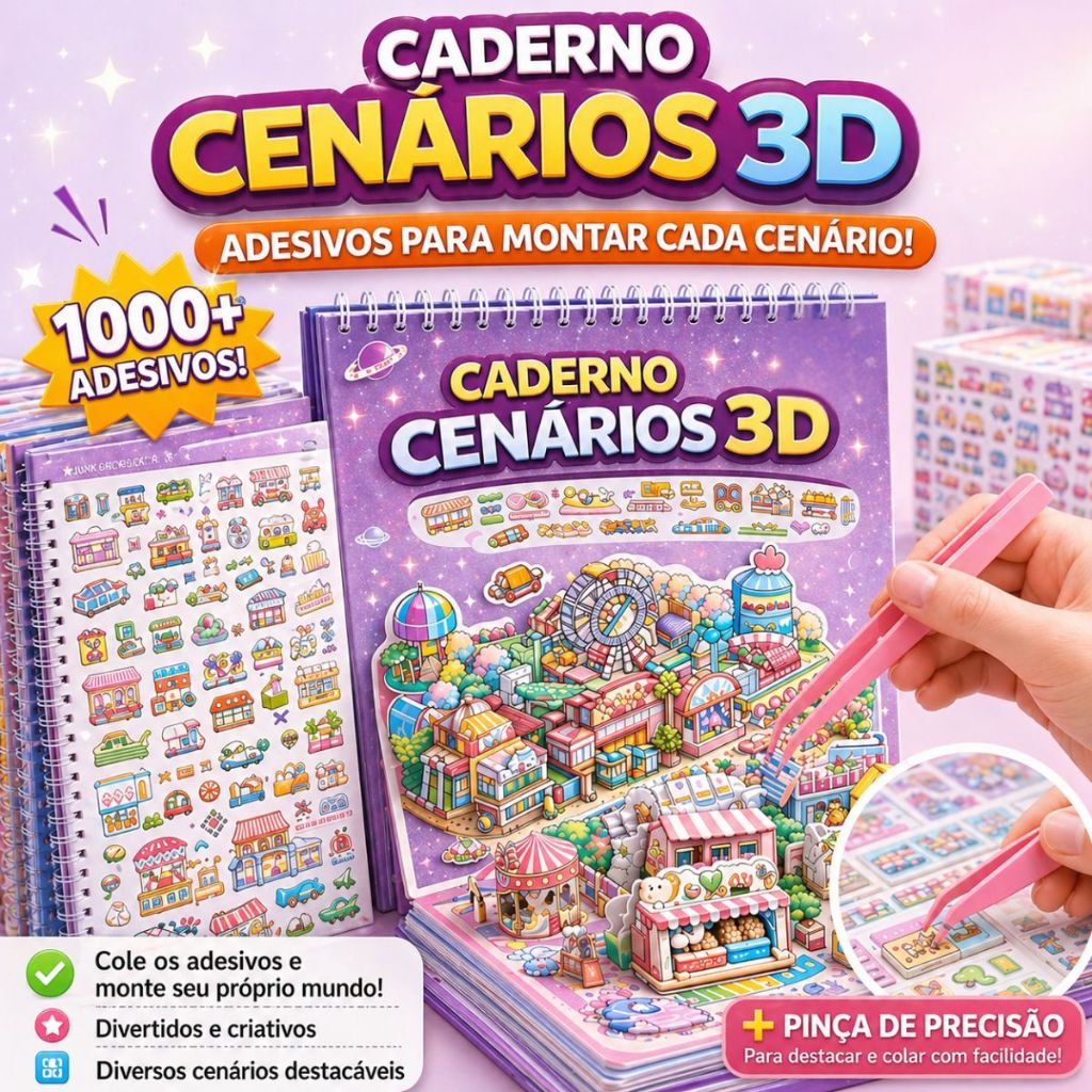 Caderno Adesivo 2.0 Grande 1000 Adesvios 3D com Cenarios Criativo Scrapbook Diy Com Pinça