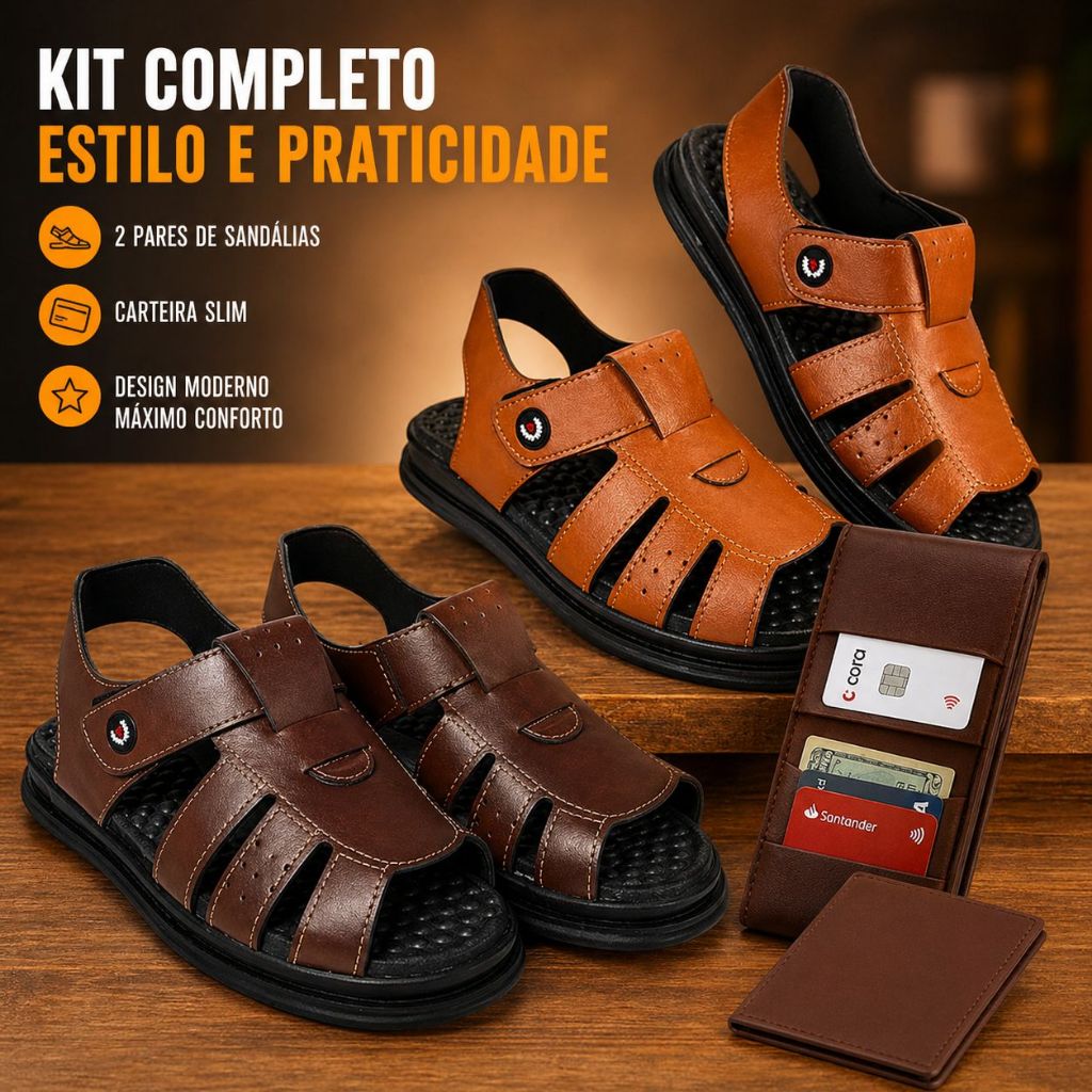 Kit 2 Pares de Sandalias Masculina de Couro Sintetico Sola Anatômica Confortável Anti-Stress