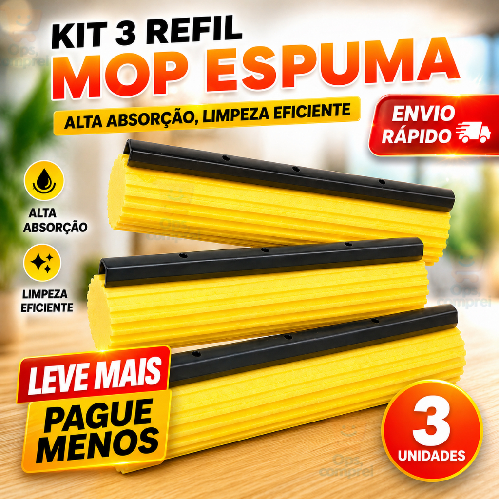 Kit com 3 Refil Para Mop Rodo Mágico Espuma Premium Limpeza Eficiente Esfregão Alta Absorçãoo
