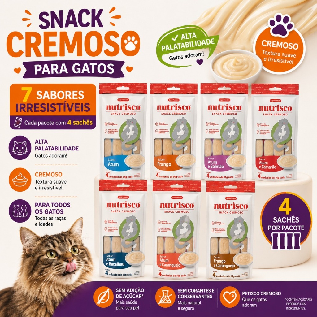 Snack Cremoso Gato Nutrisco Sabores Variados 56g Petisco