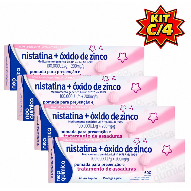Kit c/4, c/3 ou c/2 Pomada para Assaduras Nistatina + Ox Zinco 60grs - Alivia, protege e ajuda na cicatrização da pele