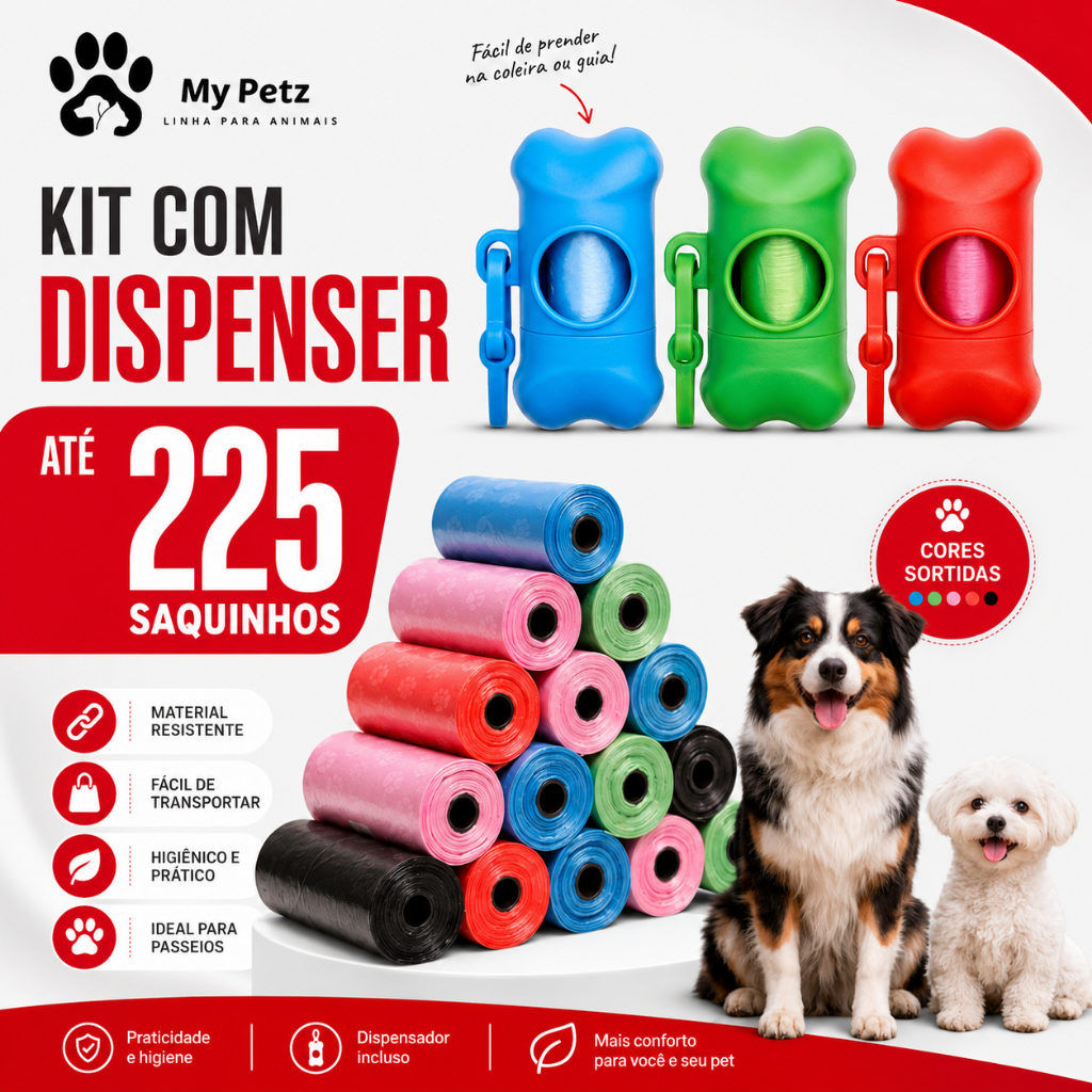 Refil Até 225 Saquinhos + Suporte Cata Coca de Lixo Pet Para Cão, Gato, Cata Coco Cachorro Pet