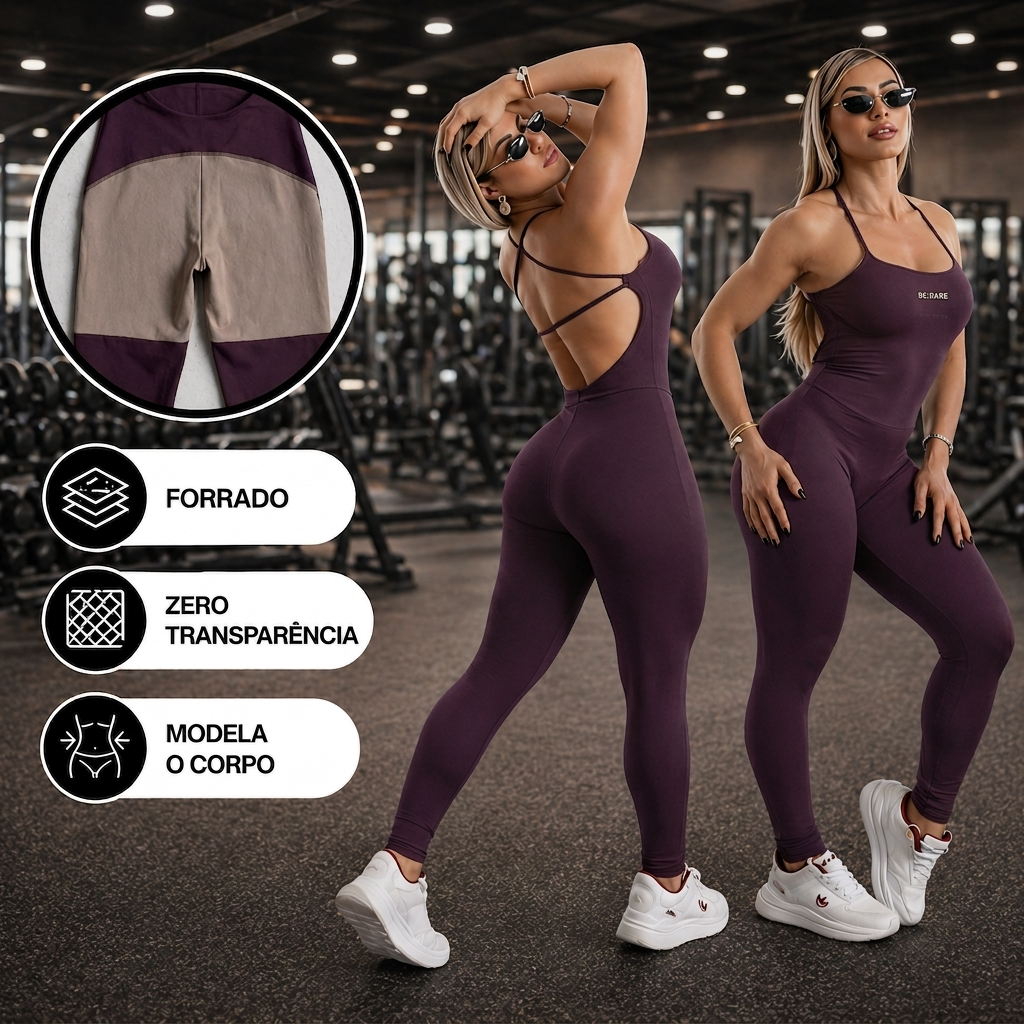 Macacão Academia Forrado Feminino Longo Fitness com Costas Abertas e de Alças Cruzadas em Suplex