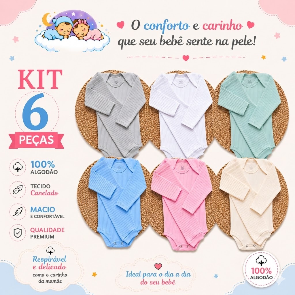 Kit 6 Peças Body Bebê Canelado Manga Longa + Calça Mijão algodão RN-1 ano Recém Nascido Infantil
