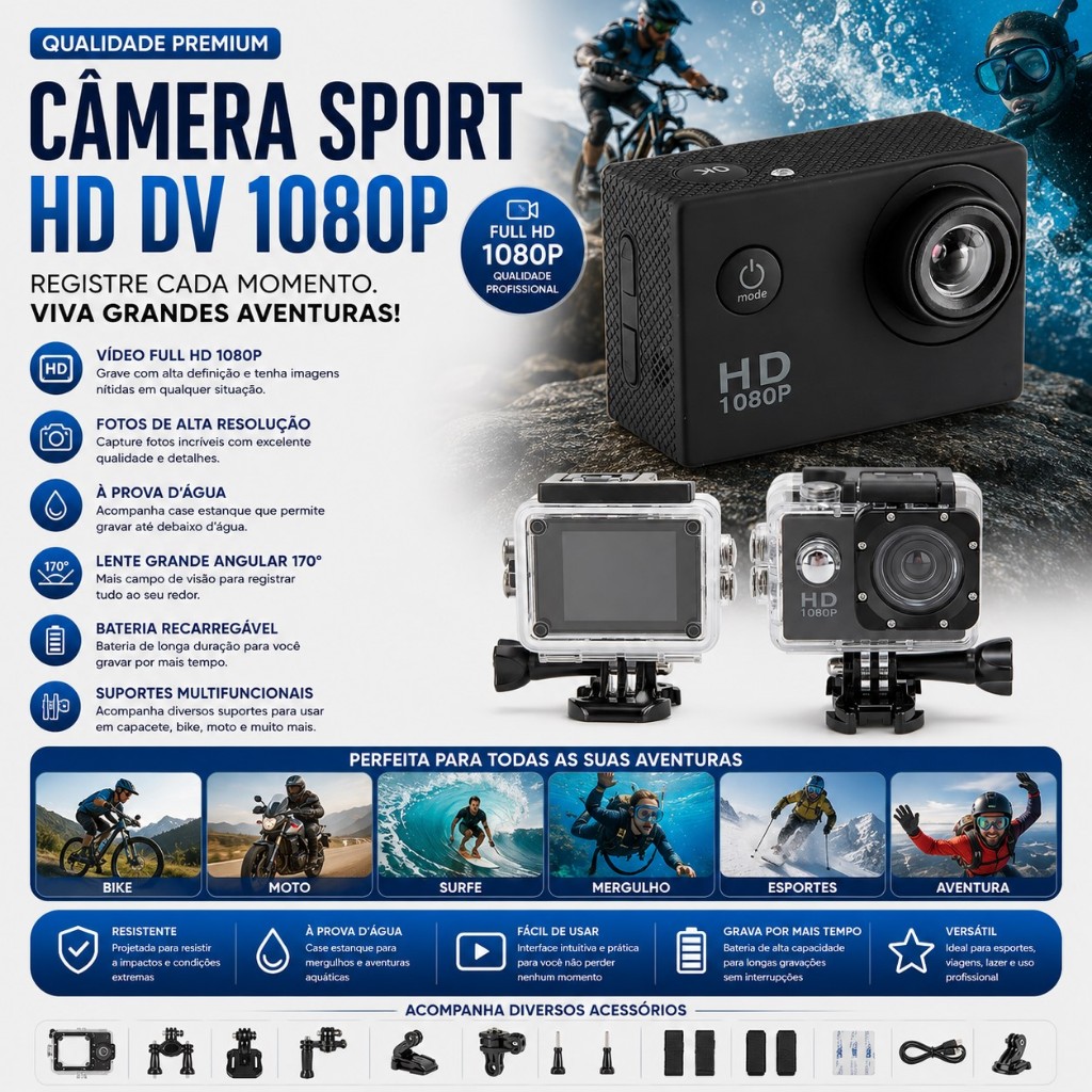 Câmera Filmadora Sport Hd Dv 1080p/ Capacete Mergulho Bike