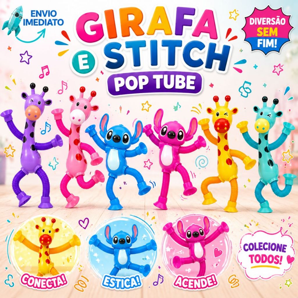 1 | 2 | 4 | Unid Stitch Girafas Brinquedo Infantil Diversão Crianças Com Luz Led Ventosa Pop Tube Estica Gruda Flexível