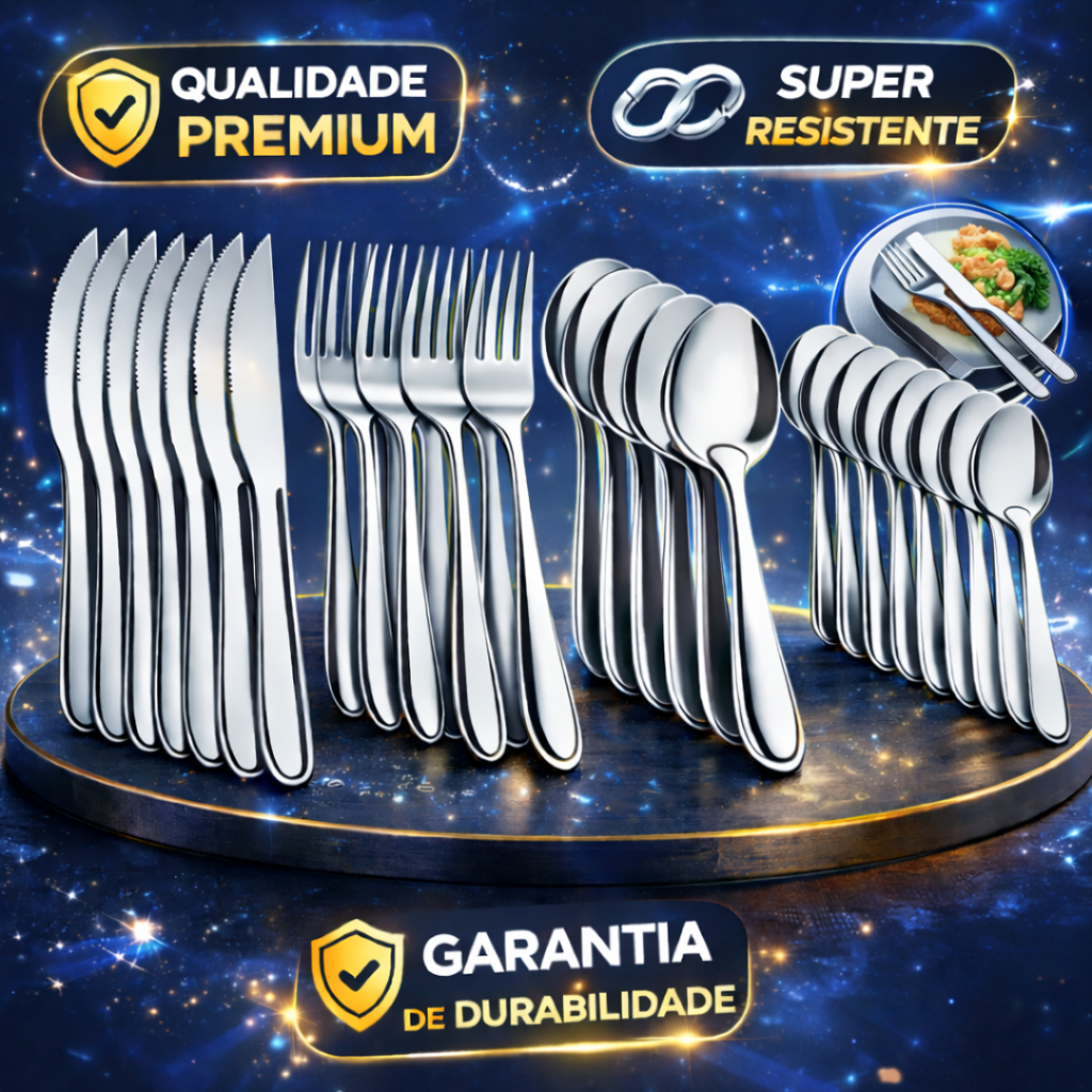 Jogo de Talheres 24/48 Peças Faqueiro Aço Inox Faca Garfo Colher de Mesa e Colheres de Sobremesa