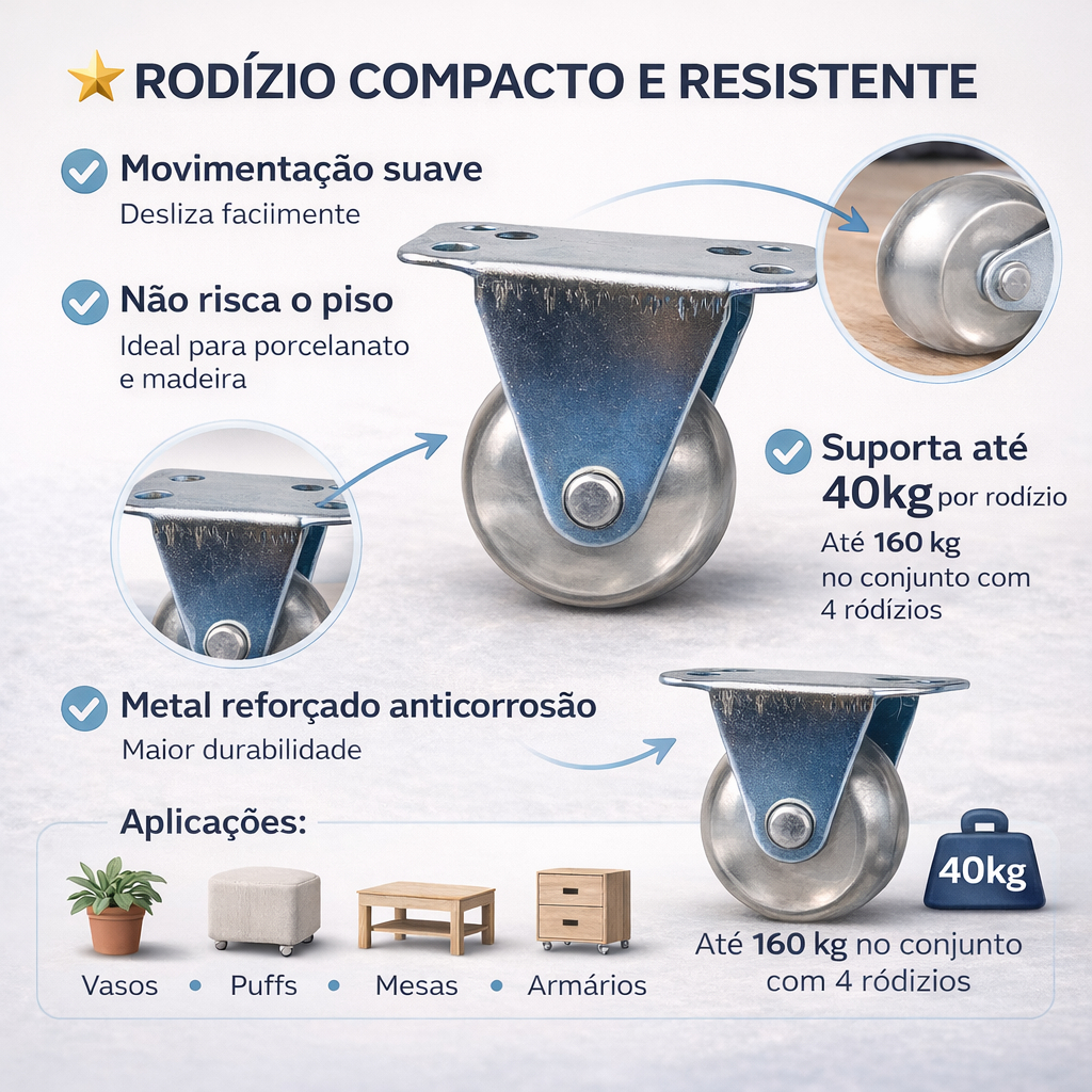 Rodízios 50mm fixo de Silicone para Móveis Vasos e Equipamentos Geral Kit 4 Unidades + Kit Parafusos