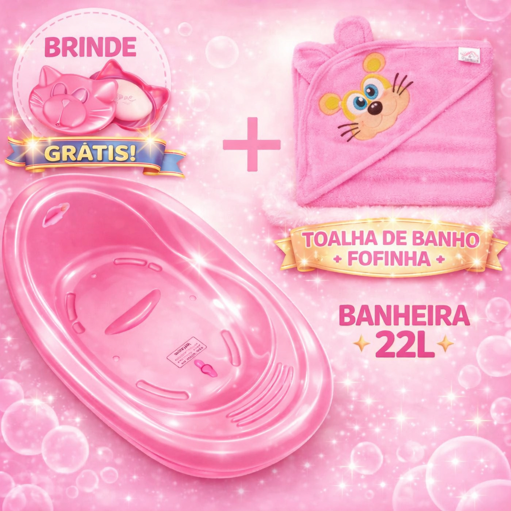 Kit Toalha Infantil + Banheira de Bebe 22L + Saboneteira GNT Premium