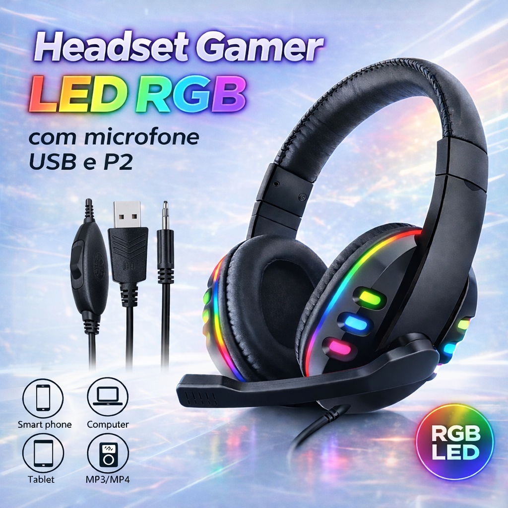 Headset Gamer RGB com Microfone USB e P2 para PC Computador Videogame Headphone