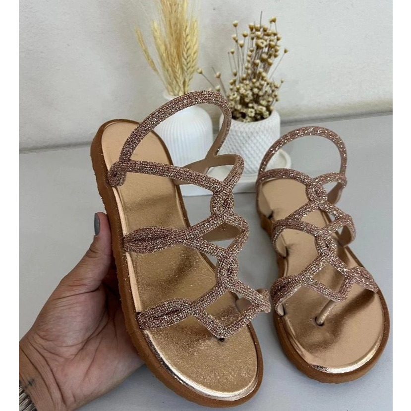 Sandália Rasteirinha Papete Feminina com Brilho Estilizado Conforto Elegância Fabricação Própria Envio Em 24 Horas