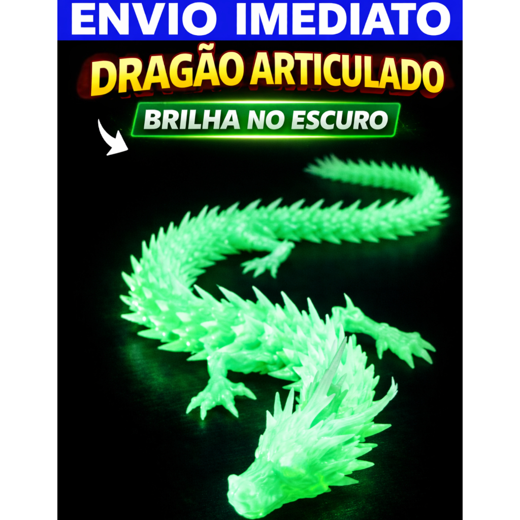 Dragão articulado luminoso Brilha escuro 42cm decoração presente flexível relaxante ENVIO IMEDIATO