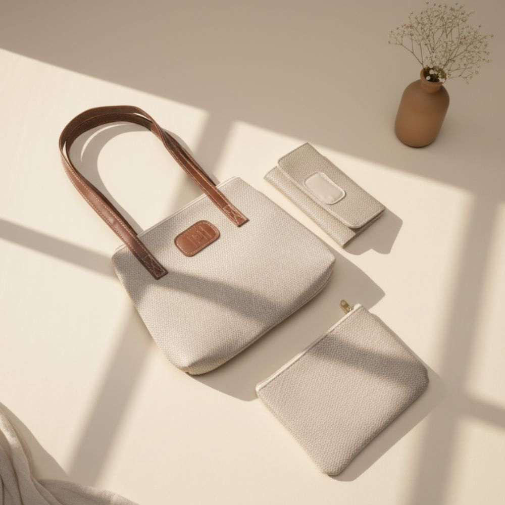 Bolsa Feminina Kit 3 Peças Mini Tote Lona + Carteira + Necessaire