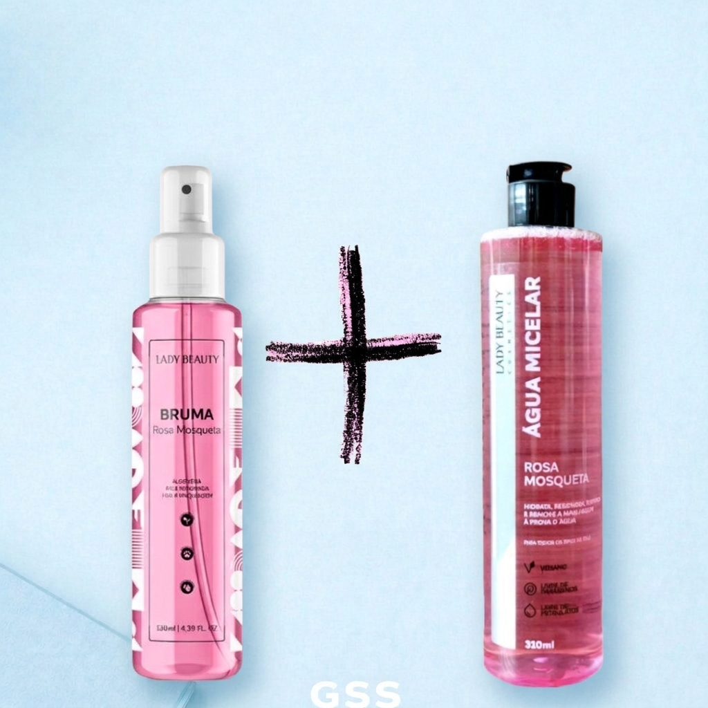 Kit Lady Beauty Rosa Mosqueta 130ml + 310ml – Bruma Fixadora e Água Micelar para Pele Limpa