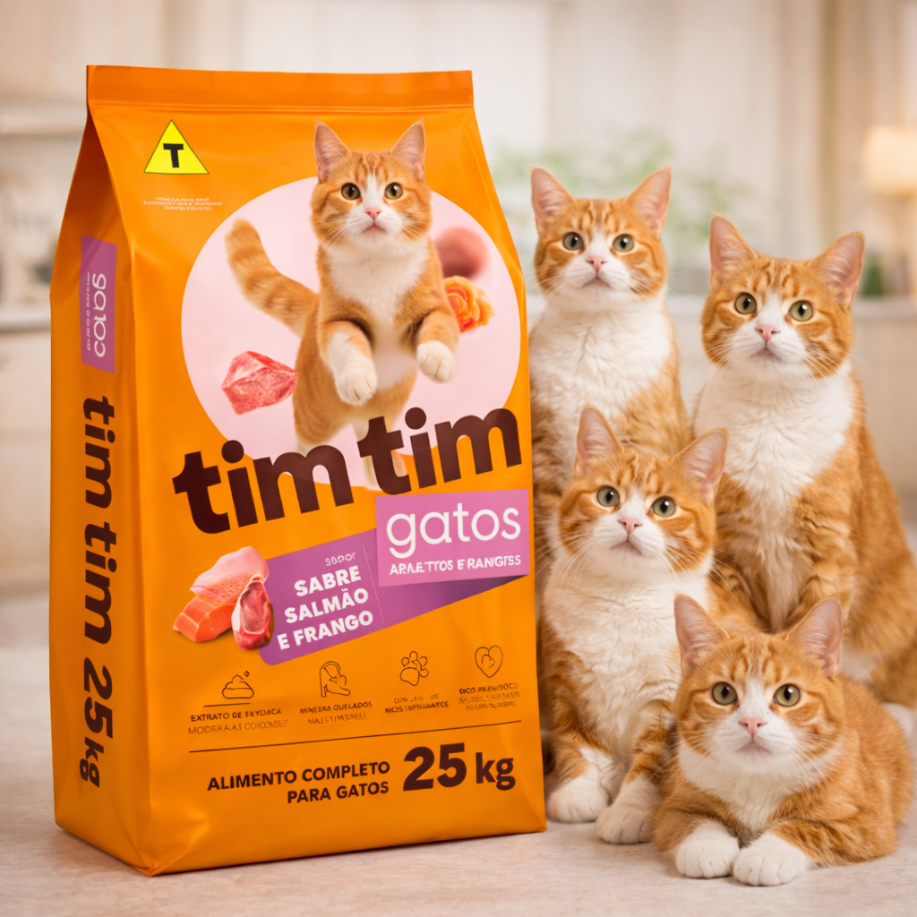 Ração Gato Filhote Adulto 25kg Tim Tim Cat Premium 3 em 1 Carne Salmão Frango