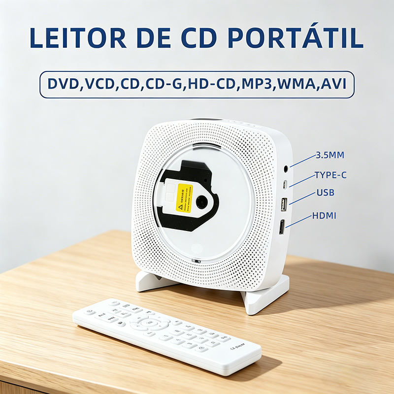Toca CD Hi-Fi Leitor de CD/DVD para TV Bluetooth CD Player Portátil Rádio FM com USB/HDMI/AV Controle Remoto