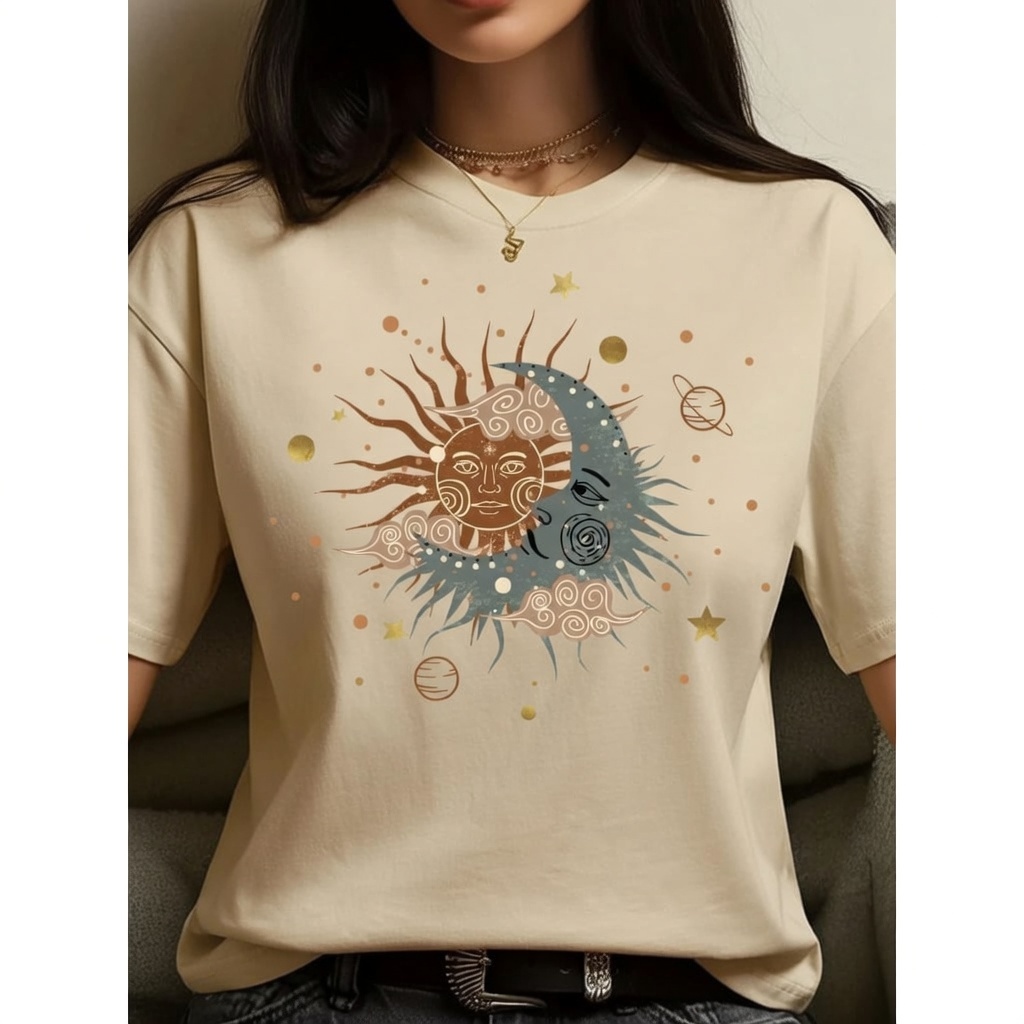 Camiseta Feminina Casual Estampa Sol Lua Minimalista 100% Algodão Delicada Lançamento