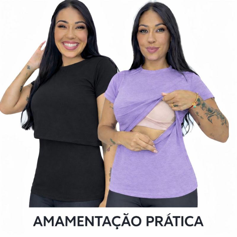 Blusa amamentação manga curta Malha macia com abertura discreta