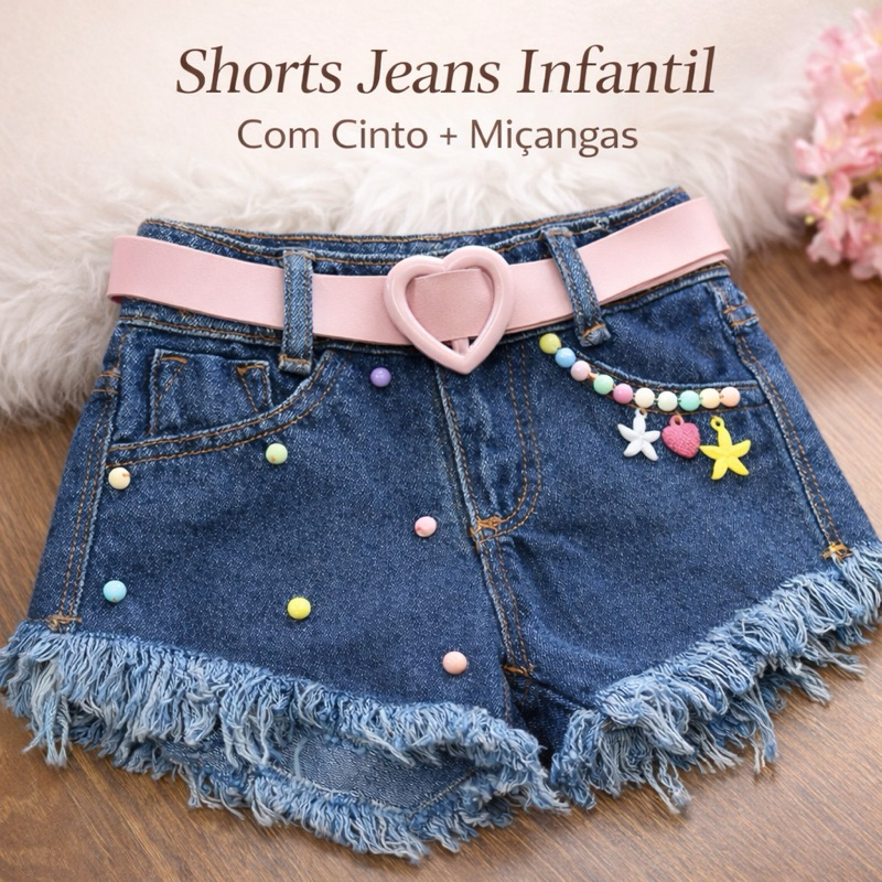 Shorts Jeans Infantil Menina Com Cinto Rosa Miçangas Blogueirinha Moda 4 ao 10