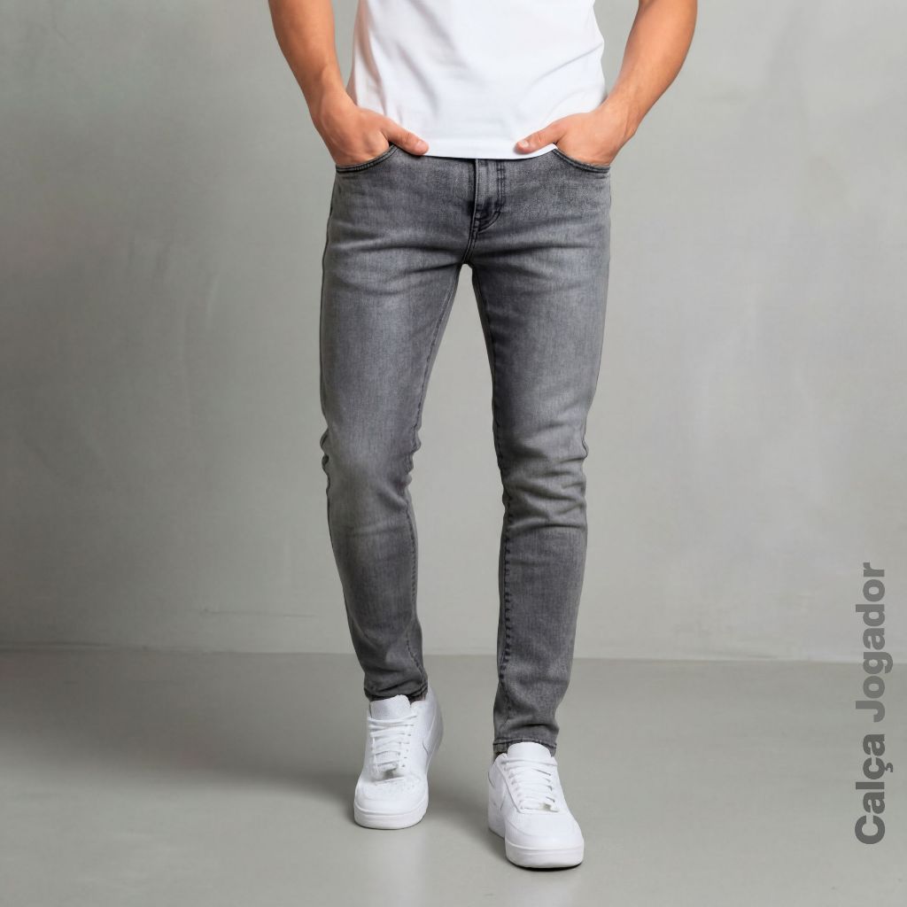 Calça Jeans Masculina Skinny Cinza Com Elastano Lycra Super Confortável Premium Conforto Slim Fit Ajustada