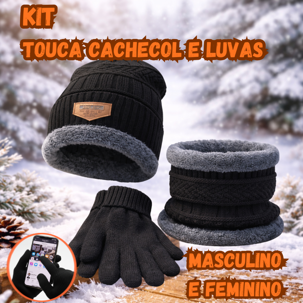 Kit Inverno Completo Touca  Luva Touch  Gola Forrada Pelinho Quente Unissex Masculino Feminino