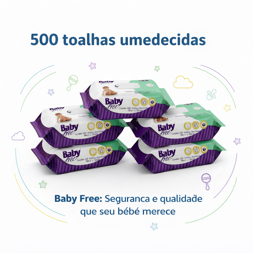 KIT COM 5 PACOTES TOALHAS UMEDECIDAS/LENÇOS BABY FREE C/100