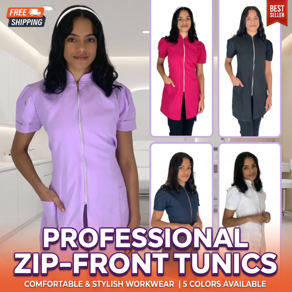 Jaleco Feminino Manga Curta Oxford Acinturado Gola Padre Com Zíper Dourado
